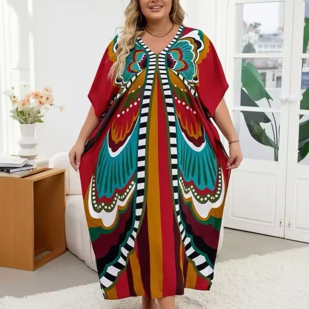 New V-Neck Colorful Bohemian Butterfly Kaftan Beach Dress One Size Caftan Cruise